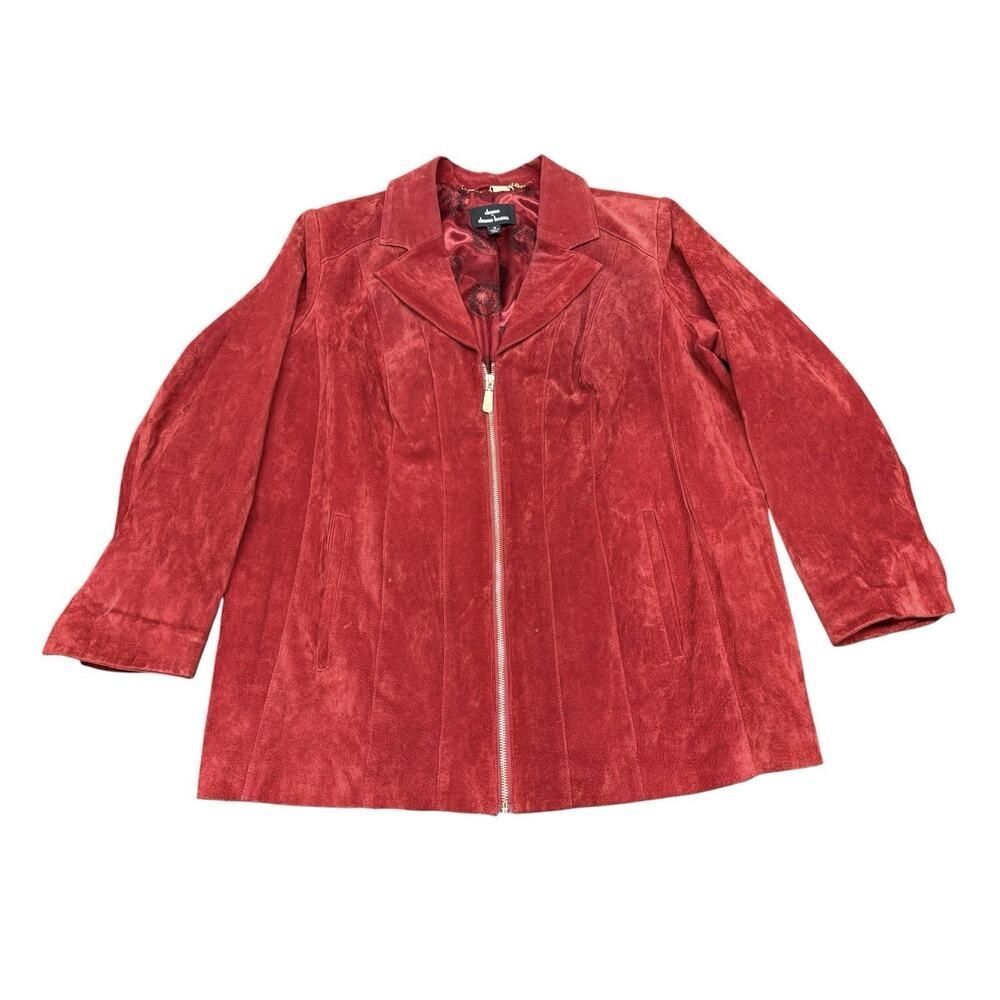 DennisāBasso Red Suede Leather Jacket 1X Zip Front Plus Size Blazer Coat